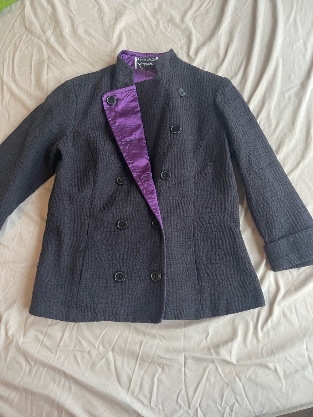 Linea by Louis Dell'Ollio Black Pea Coat with Purple Lining